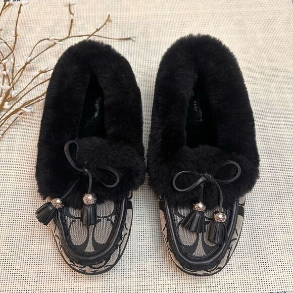 Coach Black Signature CC Tasseled Moccasin Fiona Canvas Slip On Loafers sz 6.5 B - Picture 1 of 9